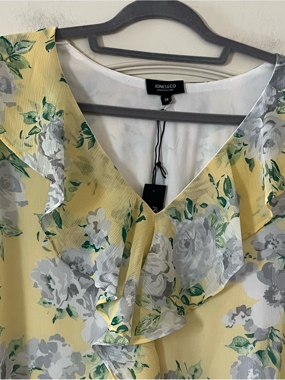 Jones & Co Light Yellow Floral Ruffle V-Neck Blouse Short Sleeve Size 3X - Picture 8 of 15